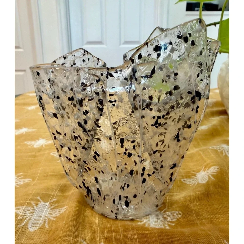 Jozefina Krosno Handkerchief Vase‎ – Black White Confetti Splatter Art Glass